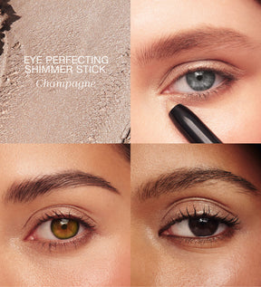 Eye Perfecting Shimmer Stick in Champagne showing texture swatch and application on different eye colours.
