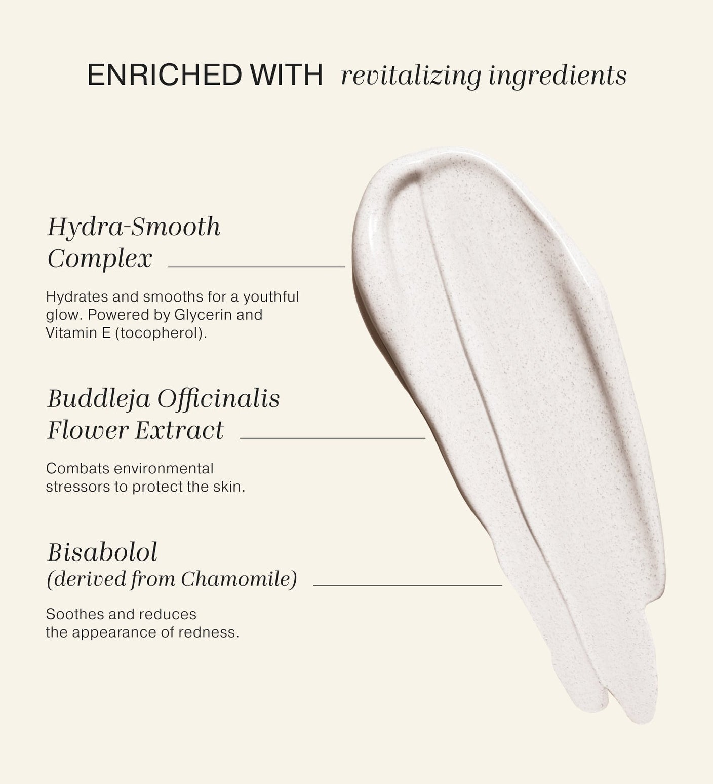 Smooth foundation swatch highlighting revitalising ingredients like Hydra-Smooth Complex, Bisabolol and Vitamin E.