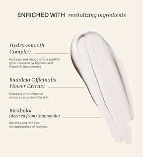 Smooth foundation swatch highlighting revitalising ingredients like Hydra-Smooth Complex, Bisabolol and Vitamin E.