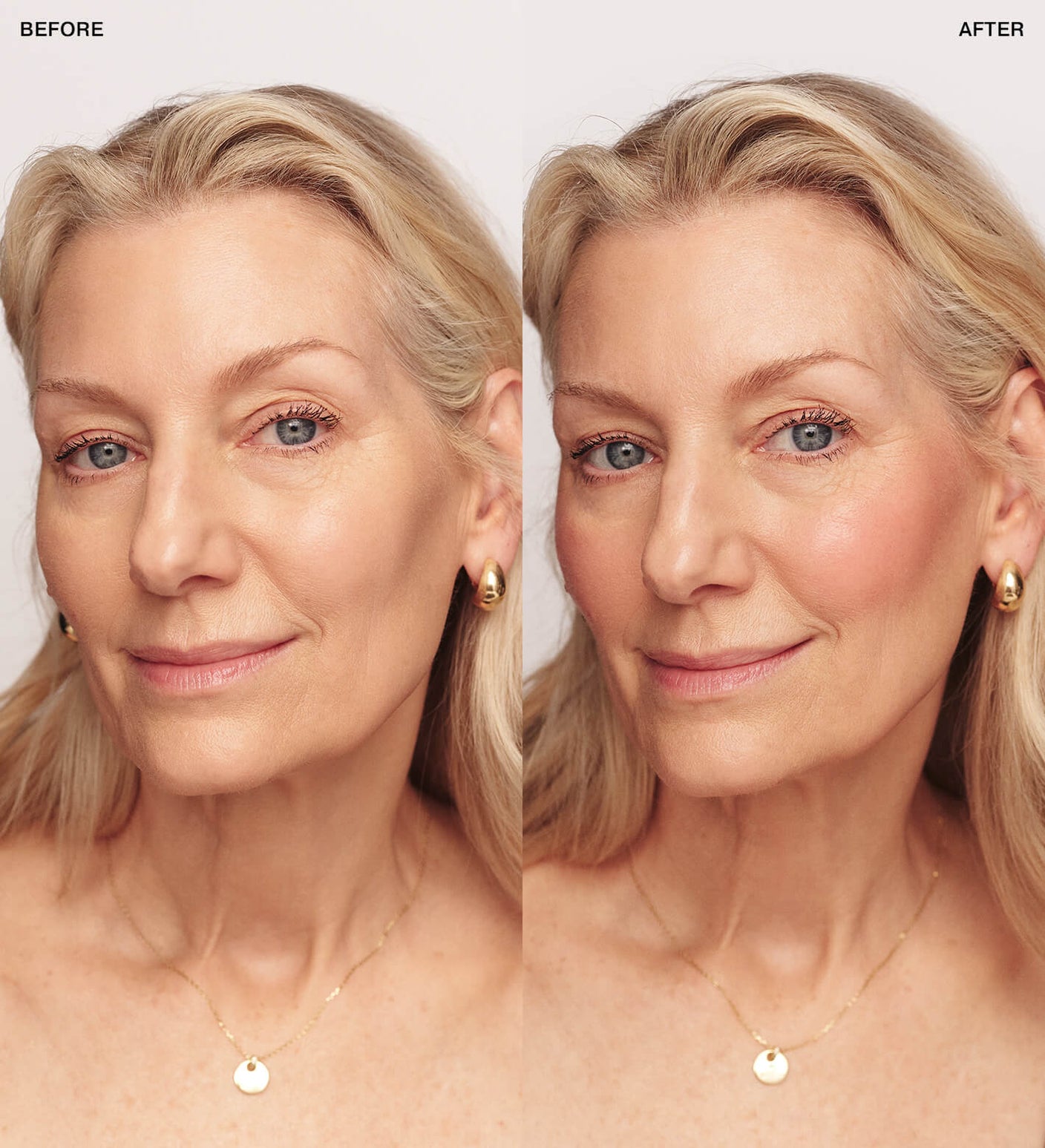 Blush Discovery Trio before and after comparison showing the Dusty Rose liquid blush for a soft, healthy glow.