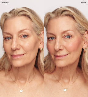 Blush Discovery Trio before and after comparison showing the Dusty Rose liquid blush for a soft, healthy glow.