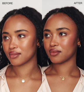 Bronzer Base Bundle before and after comparison showing a radiant summer glow on a deep skin tone.