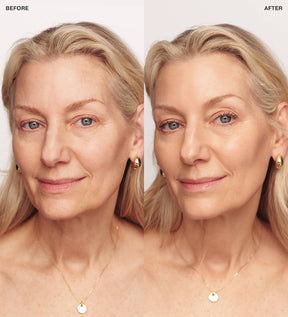 Changing Foundation before and after comparison on mature skin showing concealed redness and a natural finish