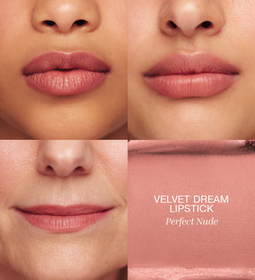 All-in-One Bundle featuring Velvet Dream Lipstick in Perfect Nude on three skin tones with a smooth texture swatch.
