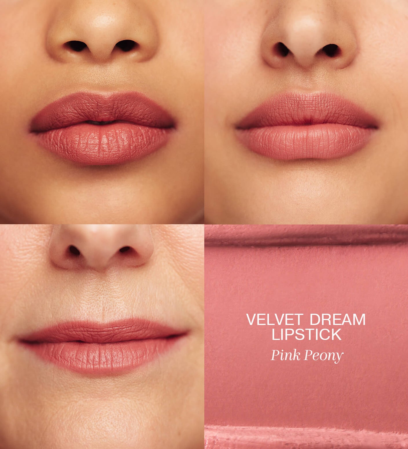 Velvet Dream Lipstick in Pink Peony shown on various skin tones and a texture swatch from The Valentines Bundle.