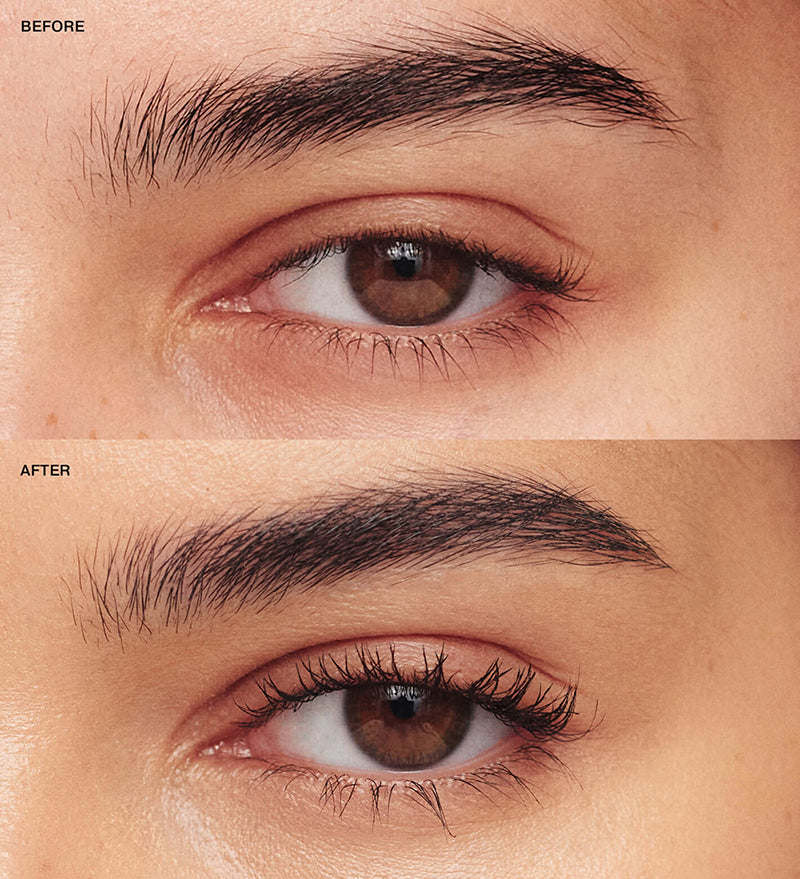 Gilded Lashes Mascara before and after comparison showing visibly lengthened and volumised lashes