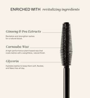 Gilded Lashes Mascara wand highlighting revitalising Ginseng Extract, Beeswax and Carnauba Wax ingredients.
