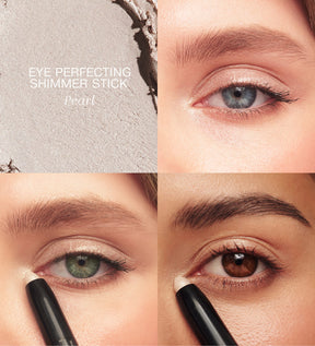 Eye Perfecting Shimmer Stick in Pearl swatch and application on different eye colours for a luminous, wide-awake look.