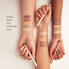 Eye Perfecting Shimmer Stick swatches in Bronze, Mauve, Gold, Champagne and Pearl on different skin tones