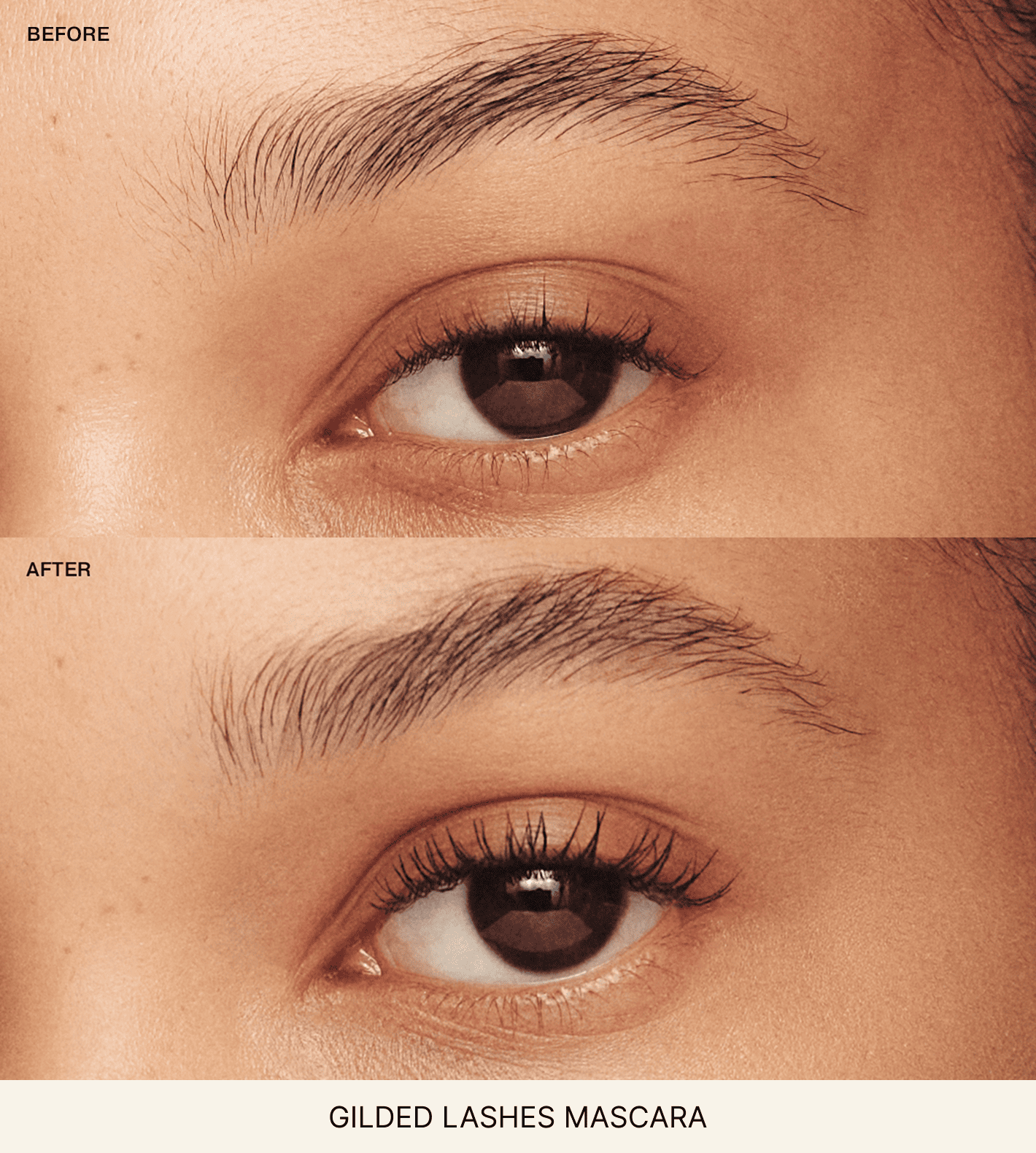 Gilded Lashes Mascara before and after comparison showing visibly lengthened and more voluminous lashes.
