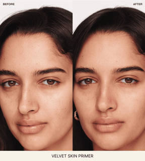 Velvet Skin Primer before and after comparison showing blurred pores and a smooth, velvety skin texture.