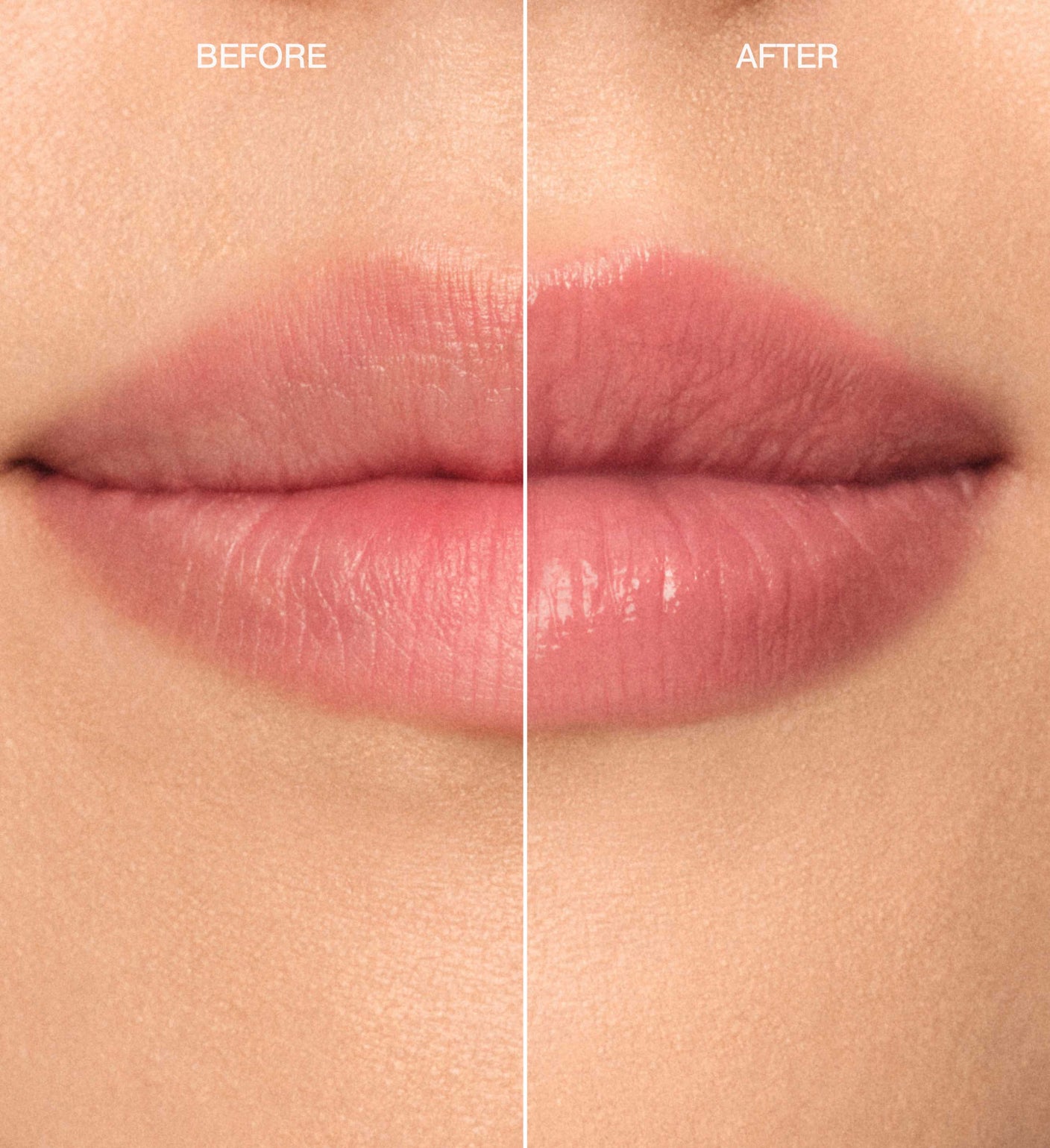Hydrating Lip Tint in Dusty Rose before and after comparison showing smooth, nourished, and glossy lips.