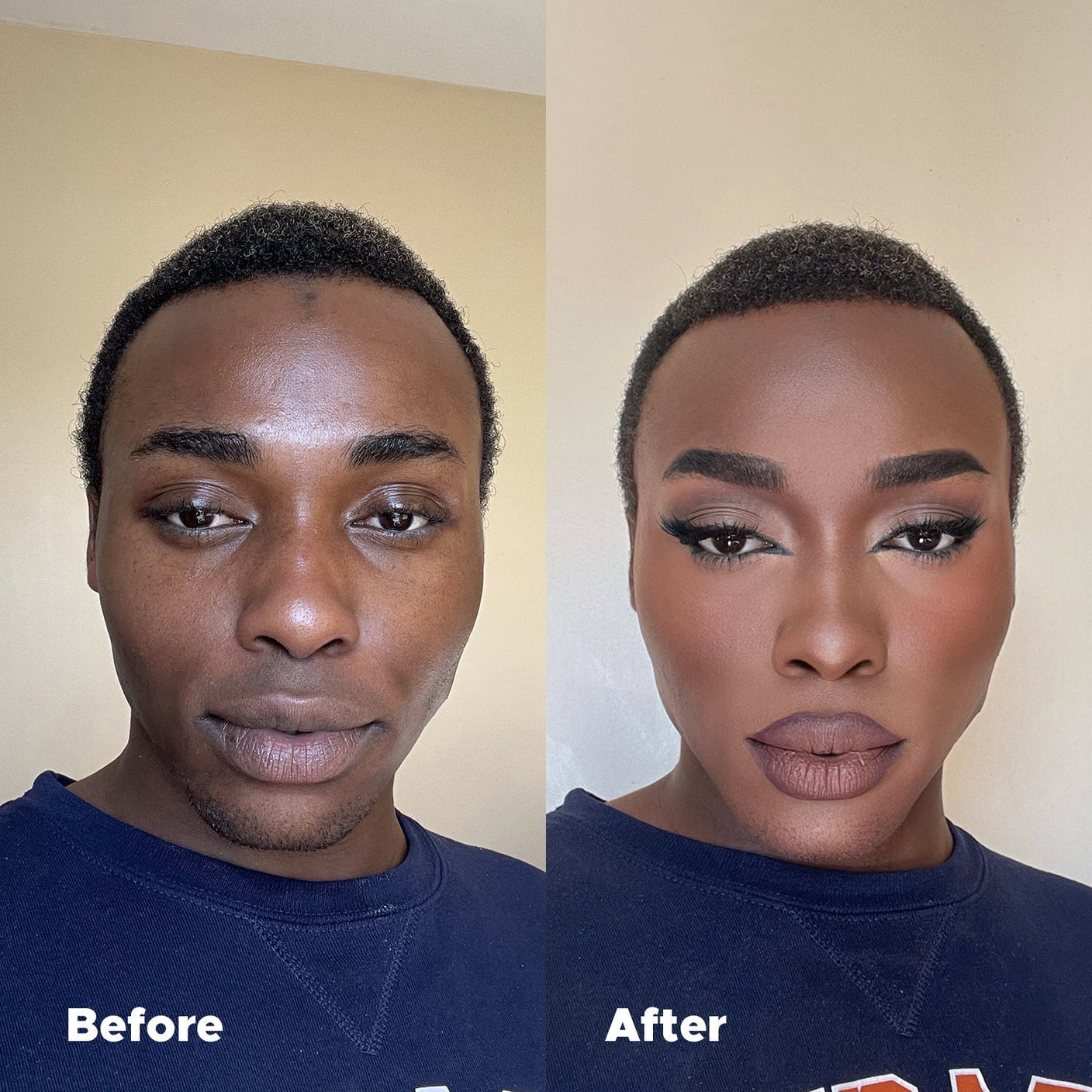 Universal Foundation before and after comparison on deep skin showing a seamless natural matte finish