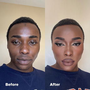 Universal Foundation before and after comparison on deep skin showing a seamless natural matte finish