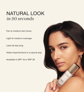 Meroda Changing Foundation SPF 15 on a model with a natural finish, featuring its light to medium coverage.