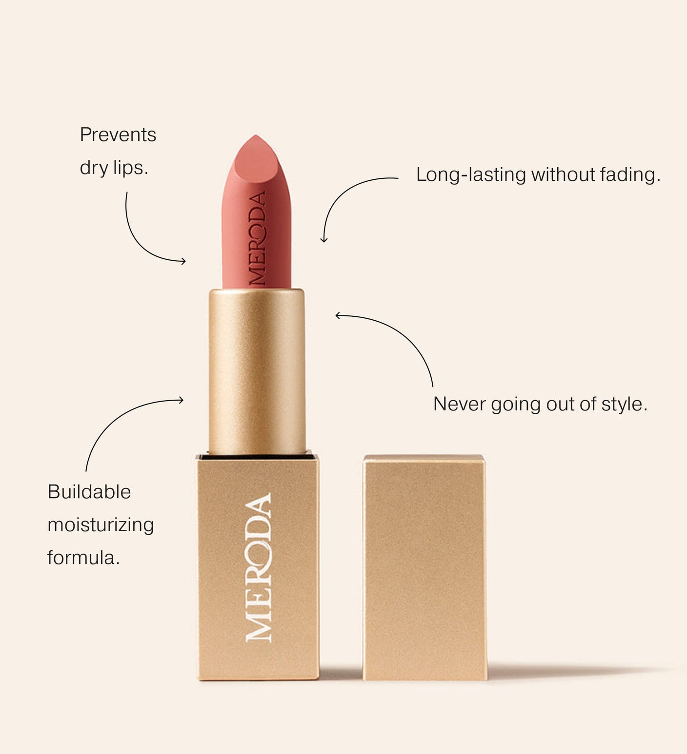 Velvet Dream Lipstick in Perfect Nude featuring a gold casing and callouts detailing its buildable matte formula.