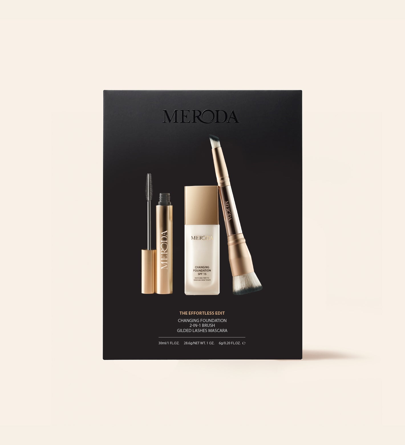 The Effortless Edit gift set featuring Changing Foundation, Gilded Lashes Mascara and 2-in-1 Build & Conceal Brush.