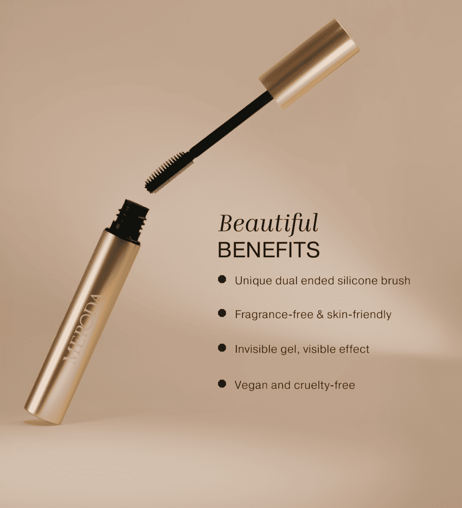 The Precision Brow Gel shown with its dual-ended silicone brush and a list of skin-friendly, invisible hold benefits