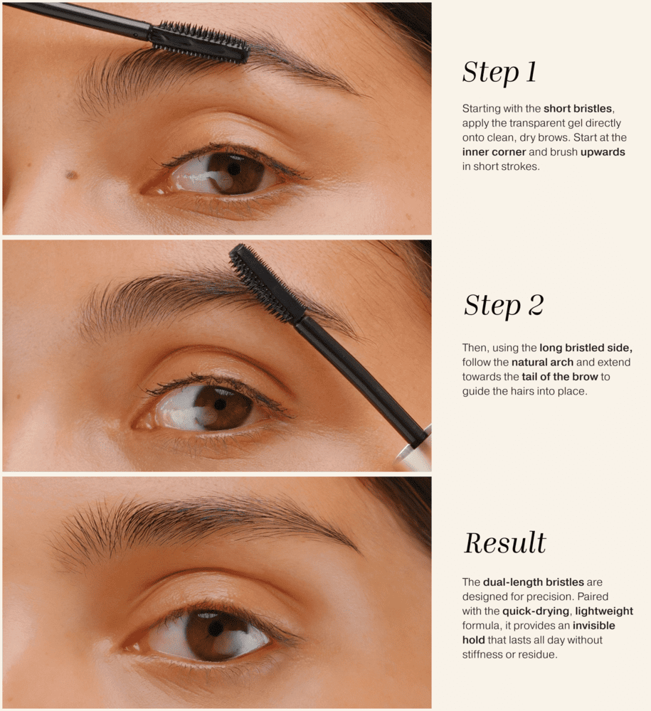 The Precision Brow Gel application steps showing short and long silicone bristles for a groomed, lifted finish.