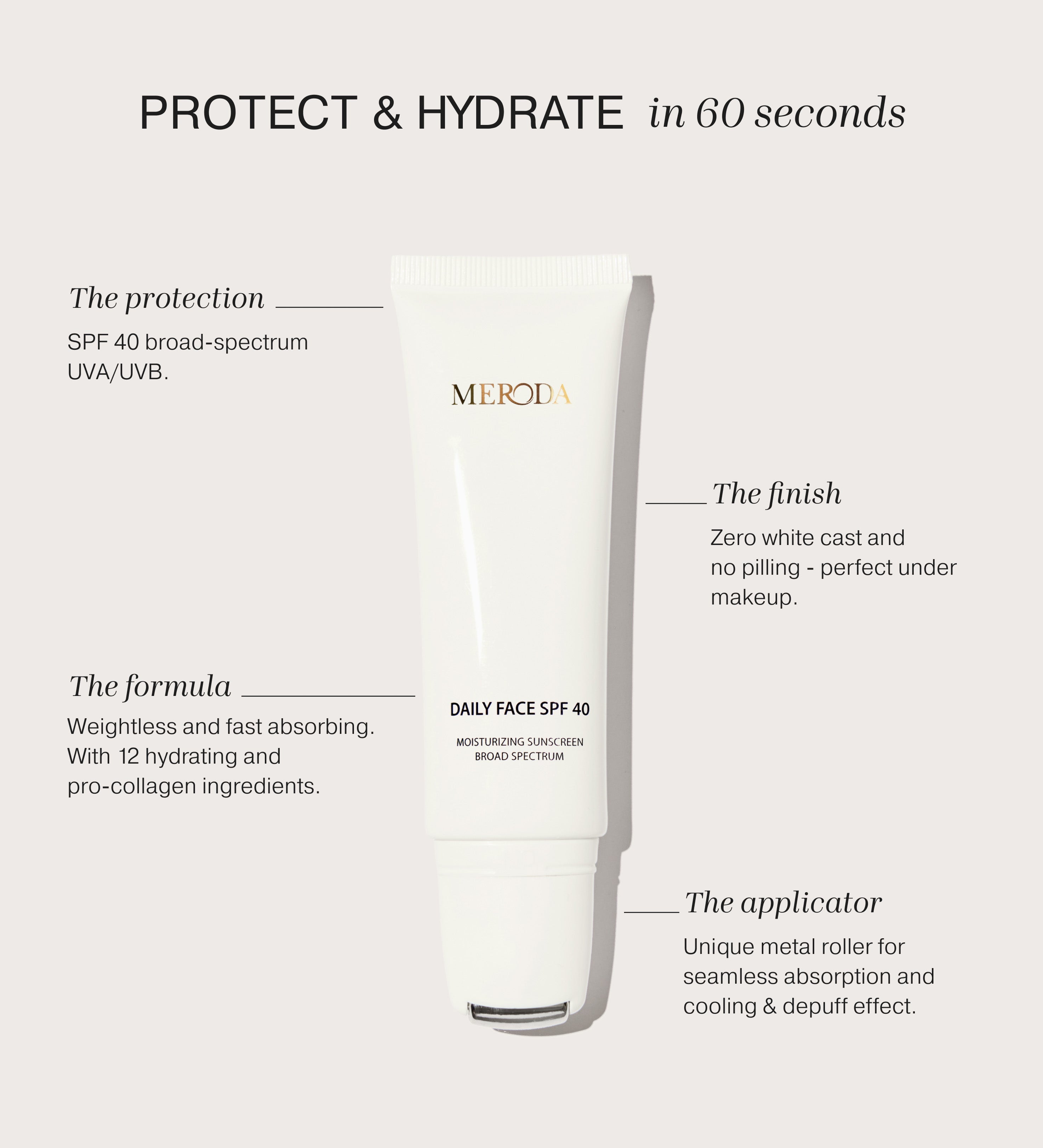 Daily Face SPF 40 tube with metal rollerball applicator highlighting protection and hydration benefits.