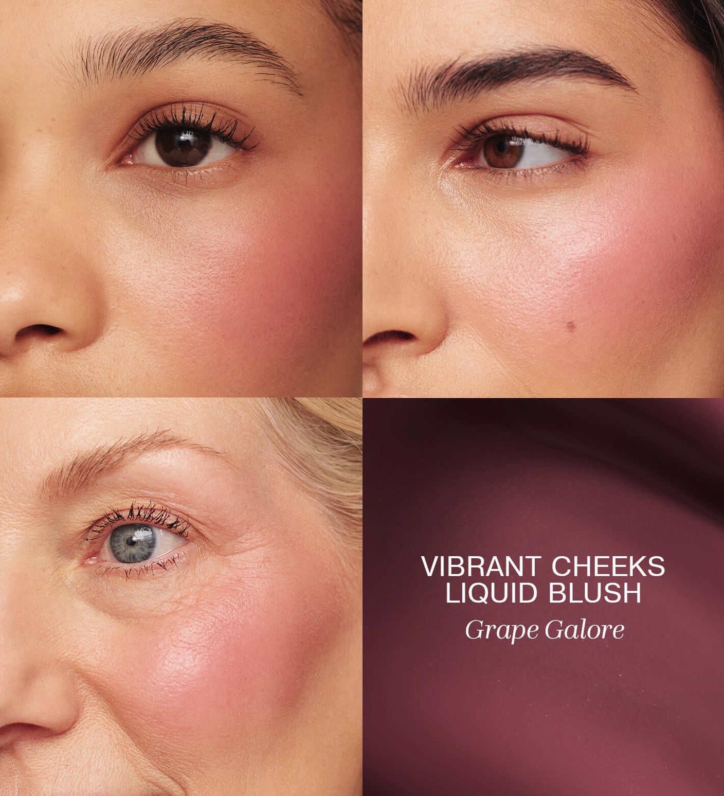 Vibrant Cheeks Liquid Blush in Grape Galore applied on three skin tones for a radiant, dewy finish.