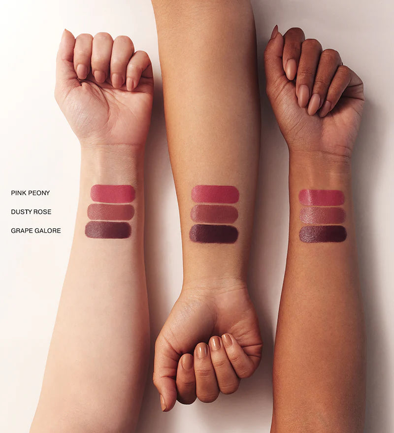 Vibrant Cheeks Liquid Blush swatches in Pink Peony, Dusty Rose and Grape Galore on fair, medium and dark skin.
