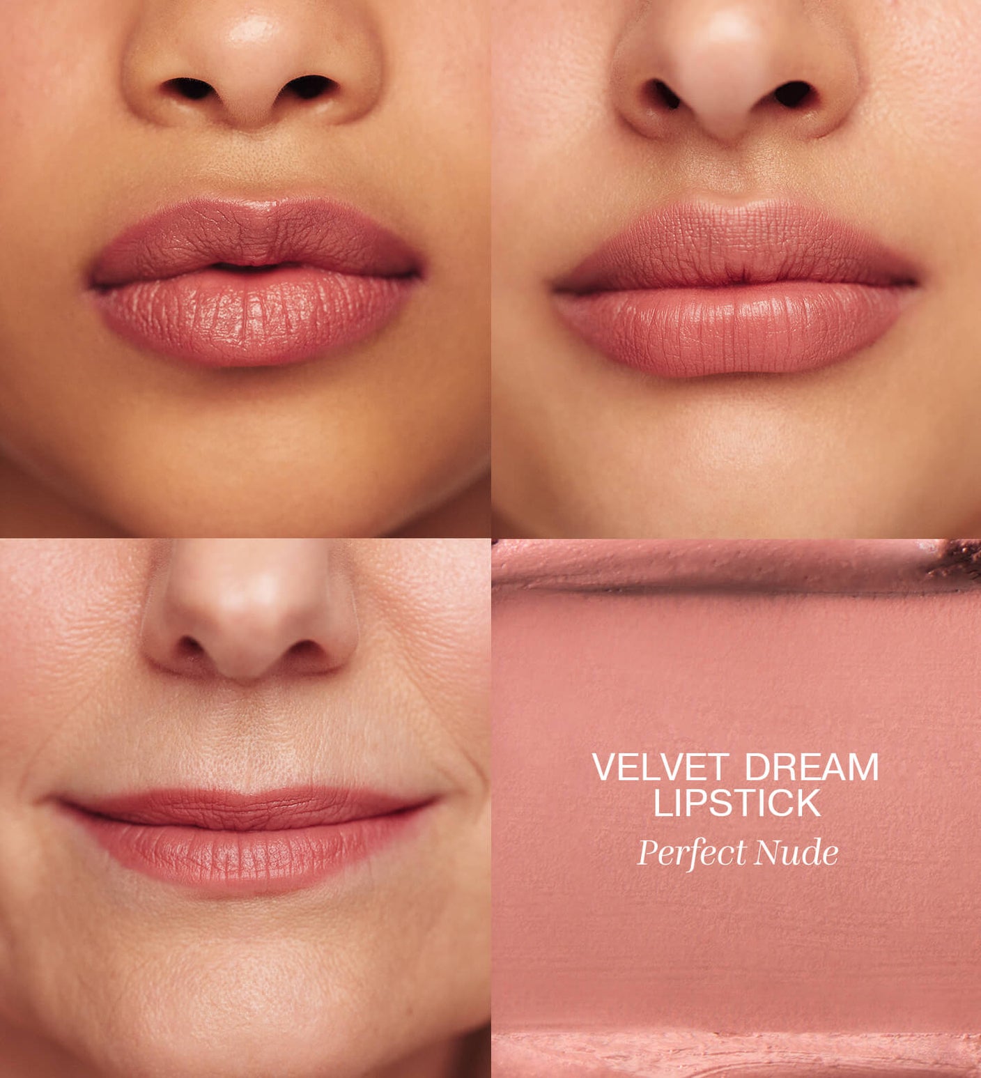 All-in-One Bundle featuring Velvet Dream Lipstick in Perfect Nude on three skin tones with a smooth texture swatch.