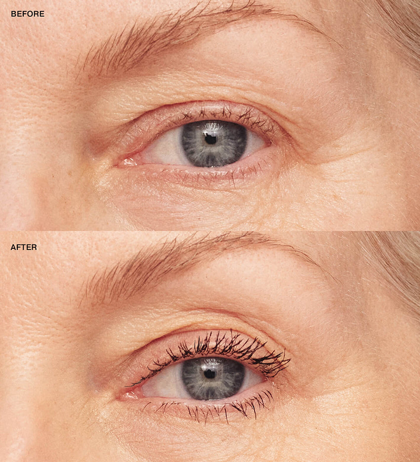 Gilded Lashes Mascara before and after comparison showing significantly lengthened and volumised lashes.