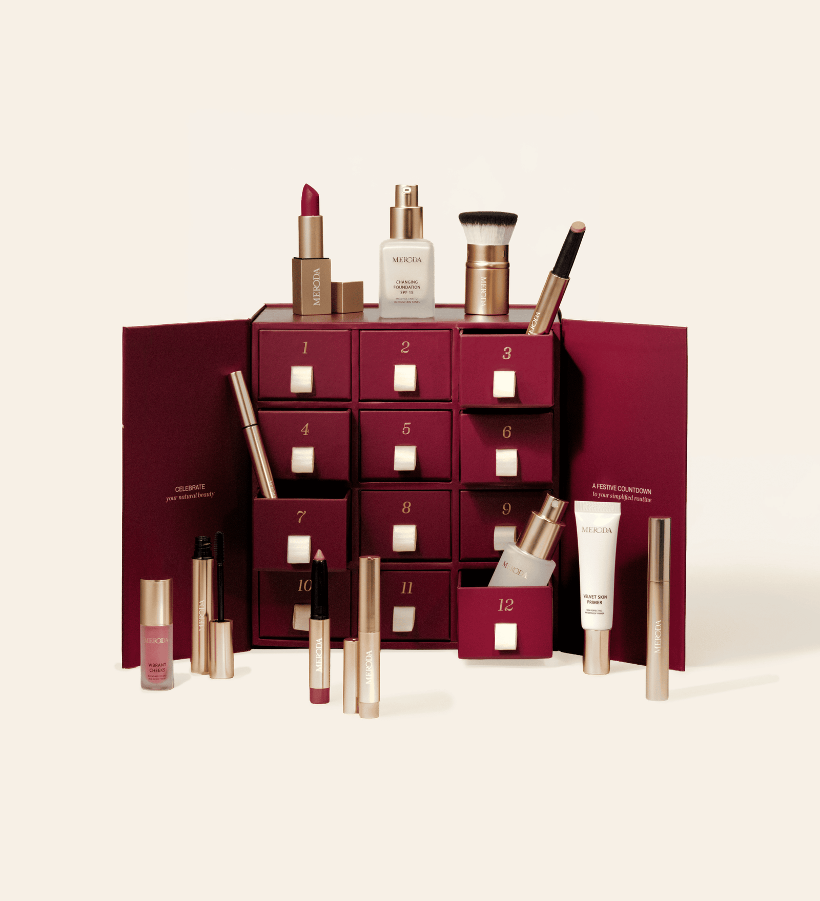 Advent Calendar featuring 12 numbered drawers surrounded by various Meroda beauty products.