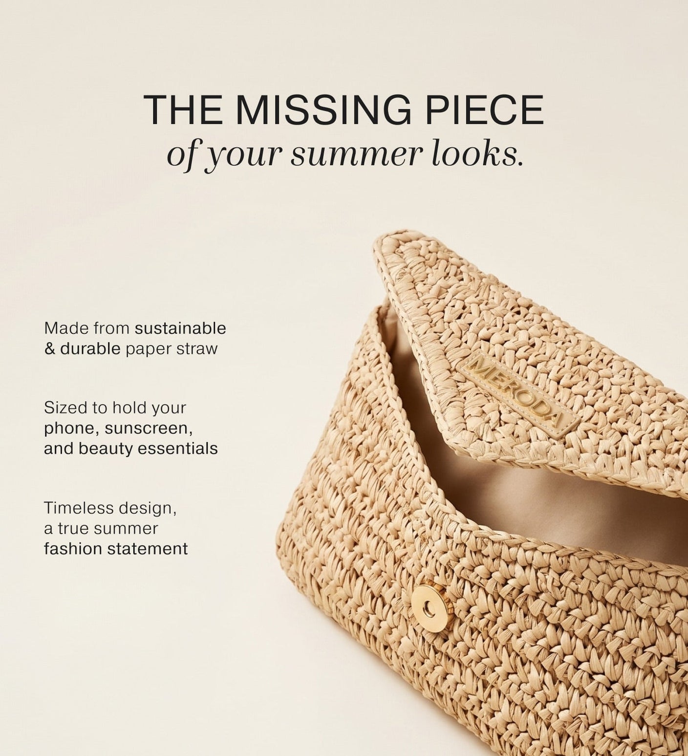 Beige woven paper straw Summer Travel Clutch featuring a gold magnetic closure and embossed Meroda logo.