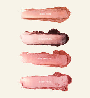 Hydrating Lip Tint texture swatches in Honey Beige, Rich Berries, Peachy Rose and Dusty Rose with a balmy finish.