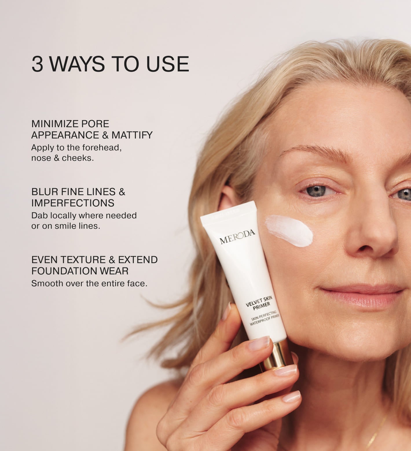 Velvet Skin Primer tube shown alongside a model demonstrating three ways to use the smoothing face primer.