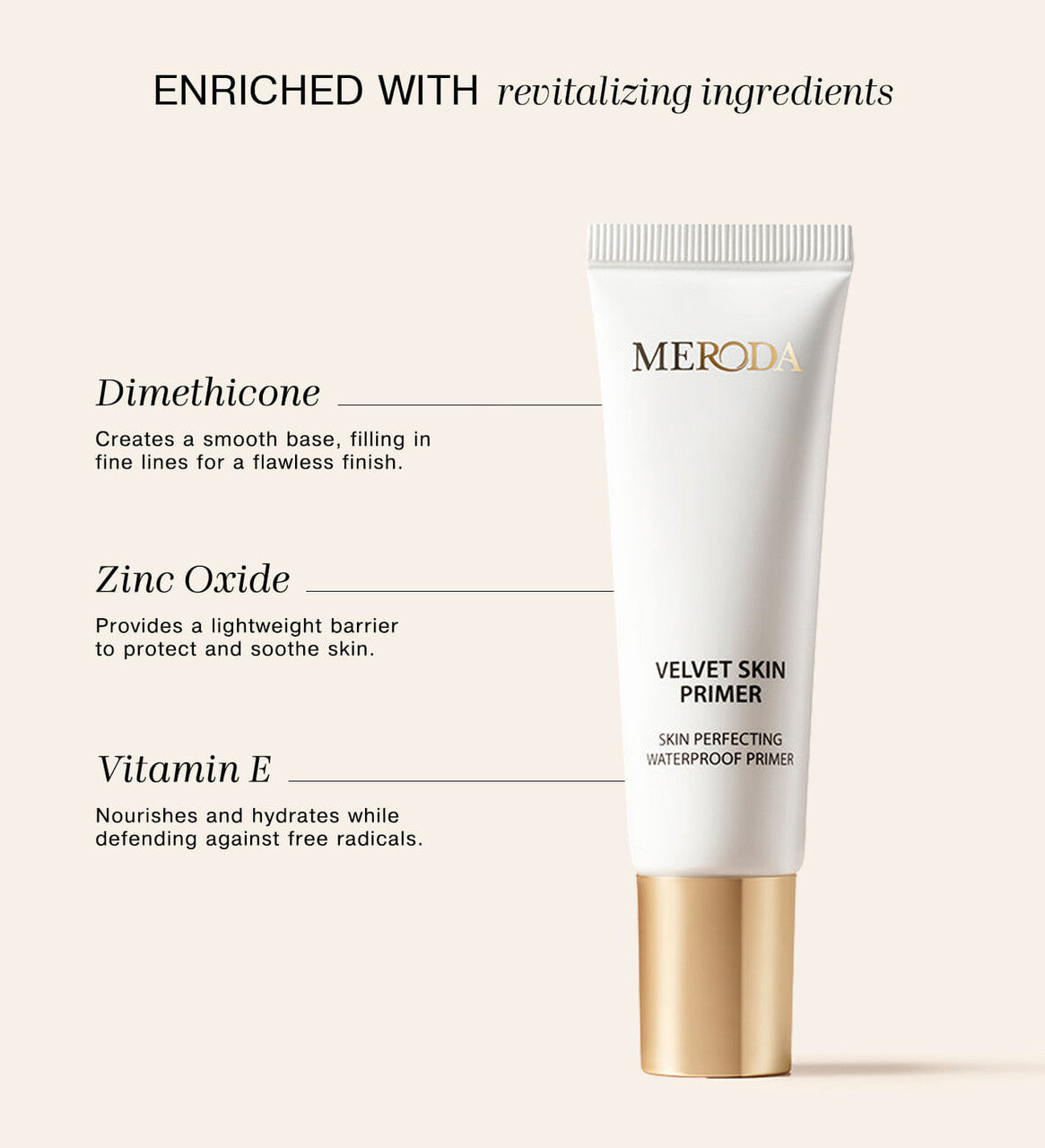 Velvet Skin Primer tube highlighting revitalising Dimethicone, Zinc Oxide and Vitamin E for a smooth finish.